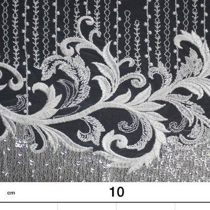 Haute Couture Tulle | Bridal Thread Embroidered Tulle with Silver Sequins, Abstract Zigzag Vine Dégradé | TRW2711