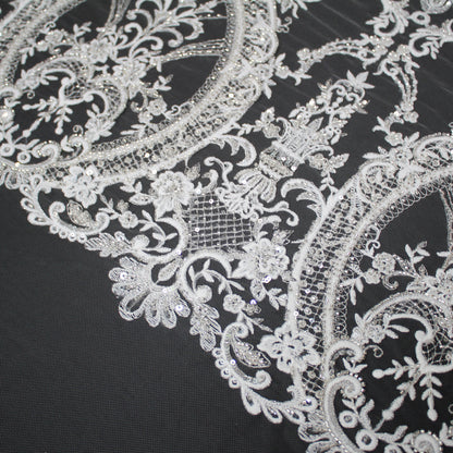 Haute Couture Tulle | Bridal Thread Embroidered Tulle with Sequins, Seed Beads & Arabesque Motifs | TRW3863