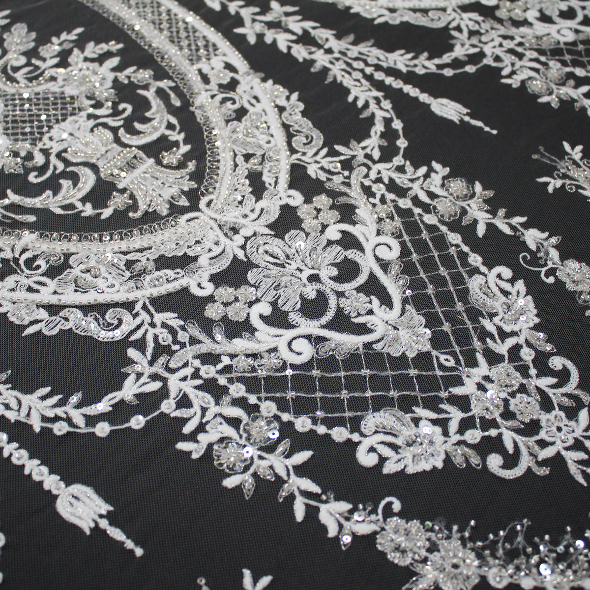 Haute Couture Tulle | Bridal Thread Embroidered Tulle with Sequins, Seed Beads & Arabesque Motifs | TRW3863