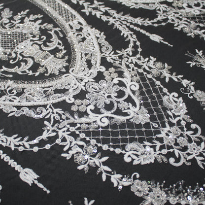 Haute Couture Tulle | Bridal Thread Embroidered Tulle with Sequins, Seed Beads & Arabesque Motifs | TRW3863