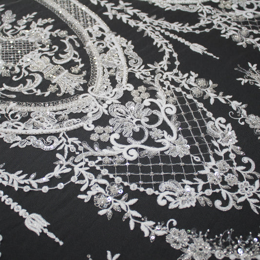 Haute Couture Tulle | Bridal Thread Embroidered Tulle with Sequins, Seed Beads & Arabesque Motifs | TRW3863