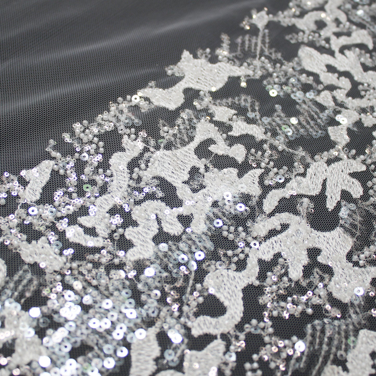 Haute Couture Tulle | Bridal Thread Embroidered Tulle with Sequins, Seed Beads & Abstract Dégradé Pattern | TRW3363