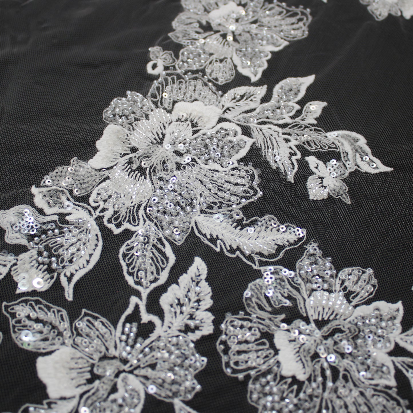Haute Couture Tulle | Bridal Thread Embroidered Tulle with Sequins, Seed Beads & Floral Vine Motifs | TRW3463