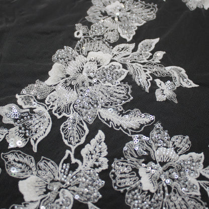 Haute Couture Tulle | Bridal Thread Embroidered Tulle with Sequins, Seed Beads & Floral Vine Motifs | TRW3463