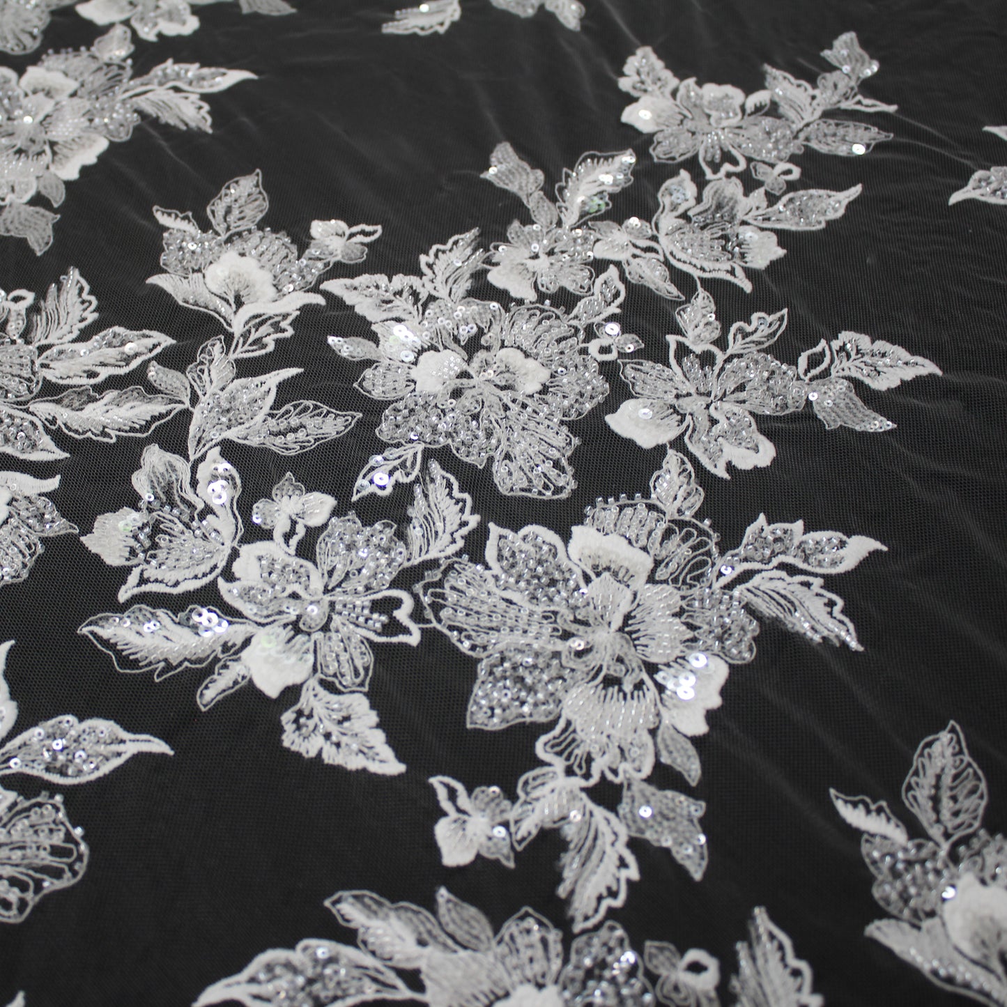 Haute Couture Tulle | Bridal Thread Embroidered Tulle with Sequins, Seed Beads & Floral Vine Motifs | TRW3463