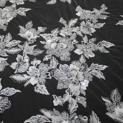 Haute Couture Tulle | Bridal Thread Embroidered Tulle with Sequins, Seed Beads & Floral Vine Motifs | TRW3463