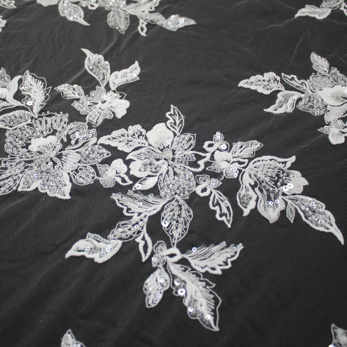 Haute Couture Tulle | Bridal Thread Embroidered Tulle with Sequins, Seed Beads & Floral Vine Motifs | TRW3463