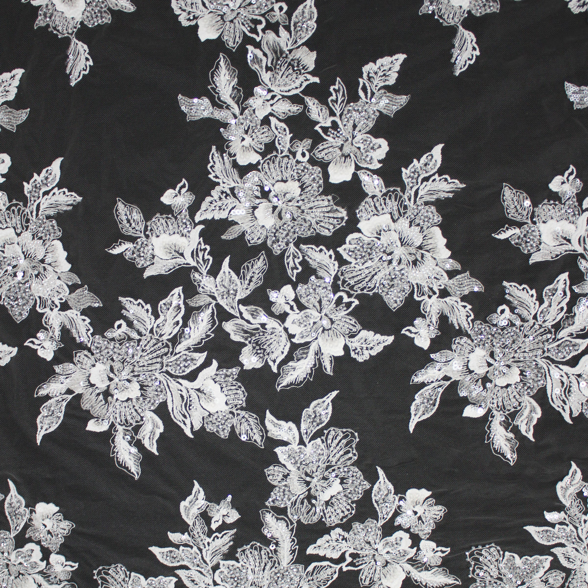 Haute Couture Tulle | Bridal Thread Embroidered Tulle with Sequins, Seed Beads & Floral Vine Motifs | TRW3463