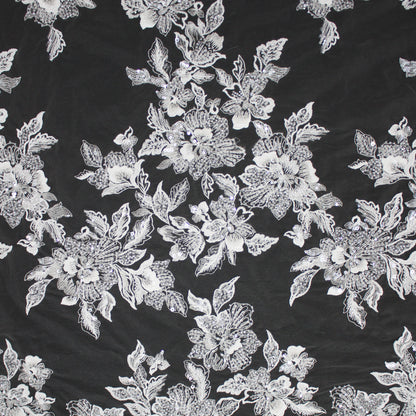 Haute Couture Tulle | Bridal Thread Embroidered Tulle with Sequins, Seed Beads & Floral Vine Motifs | TRW3463