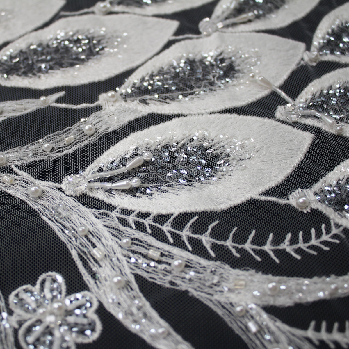 Haute Couture Tulle | Bridal Thread Embroidered Tulle with Sequins, Beads, Seed Beads & Double Border Leaf Pattern | TRW3549