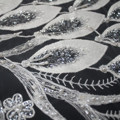 Haute Couture Tulle | Bridal Thread Embroidered Tulle with Sequins, Beads, Seed Beads & Double Border Leaf Pattern | TRW3549