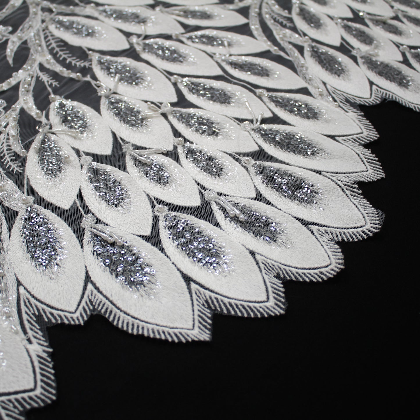 Haute Couture Tulle | Bridal Thread Embroidered Tulle with Sequins, Beads, Seed Beads & Double Border Leaf Pattern | TRW3549