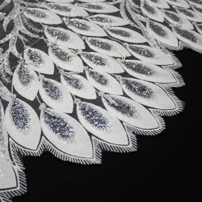 Haute Couture Tulle | Bridal Thread Embroidered Tulle with Sequins, Beads, Seed Beads & Double Border Leaf Pattern | TRW3549