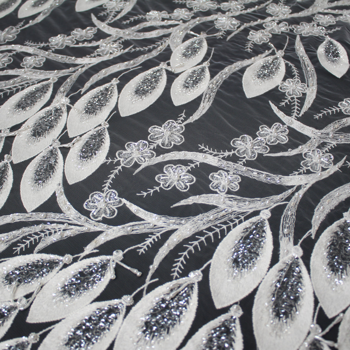 Haute Couture Tulle | Bridal Thread Embroidered Tulle with Sequins, Beads, Seed Beads & Double Border Leaf Pattern | TRW3549