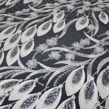 Haute Couture Tulle | Bridal Thread Embroidered Tulle with Sequins, Beads, Seed Beads & Double Border Leaf Pattern | TRW3549