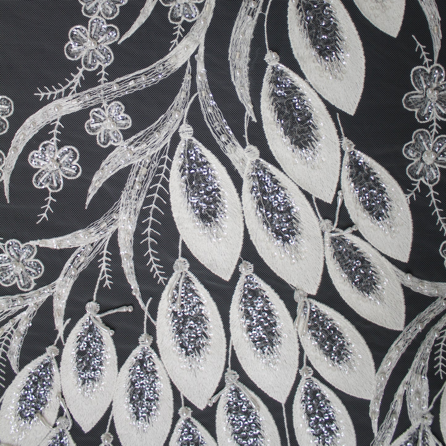 Haute Couture Tulle | Bridal Thread Embroidered Tulle with Sequins, Beads, Seed Beads & Double Border Leaf Pattern | TRW3549
