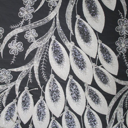 Haute Couture Tulle | Bridal Thread Embroidered Tulle with Sequins, Beads, Seed Beads & Double Border Leaf Pattern | TRW3549