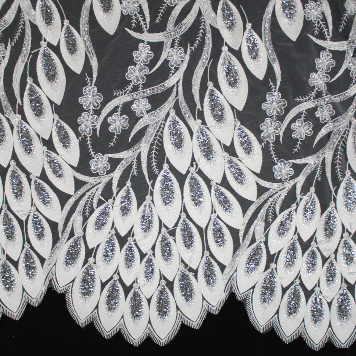 Haute Couture Tulle | Bridal Thread Embroidered Tulle with Sequins, Beads, Seed Beads & Double Border Leaf Pattern | TRW3549