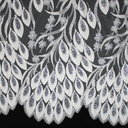 Haute Couture Tulle | Bridal Thread Embroidered Tulle with Sequins, Beads, Seed Beads & Double Border Leaf Pattern | TRW3549