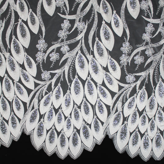 Tulle Alta Moda | Tulle Ricamato Sposa a Filo con Paillettes, Perline e Corallini a Motivo Foglie con Doppio Bordo | TRW3549