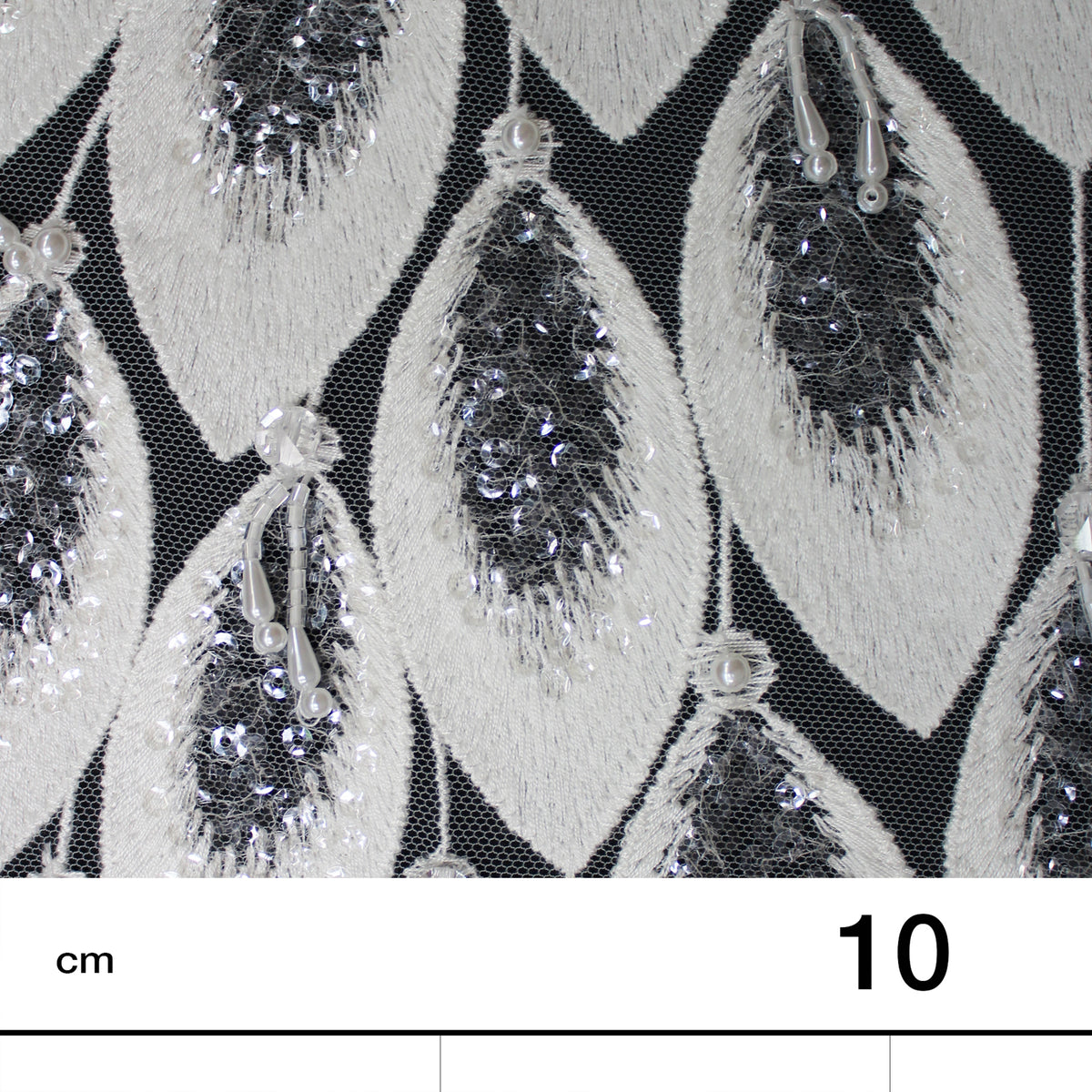 Haute Couture Tulle | Bridal Thread Embroidered Tulle with Sequins, Beads, Seed Beads & Double Border Leaf Pattern | TRW3549