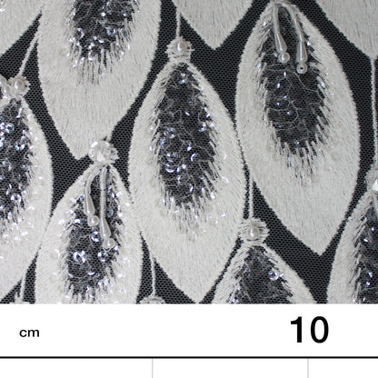 Haute Couture Tulle | Bridal Thread Embroidered Tulle with Sequins, Beads, Seed Beads & Double Border Leaf Pattern | TRW3549