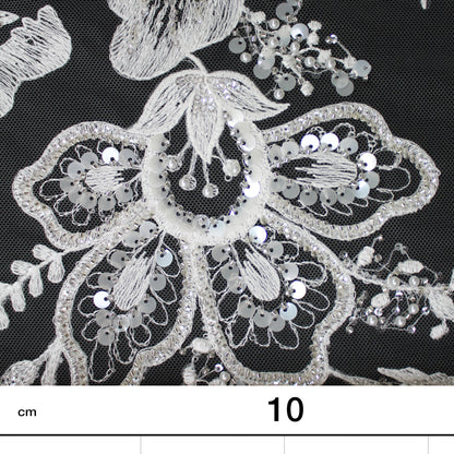 Tulle Alta Moda | Tulle Ricamato Sposa a Filo con Paillettes, Perline e Corallini a Ramage di Fiori Grandi | TRW3462