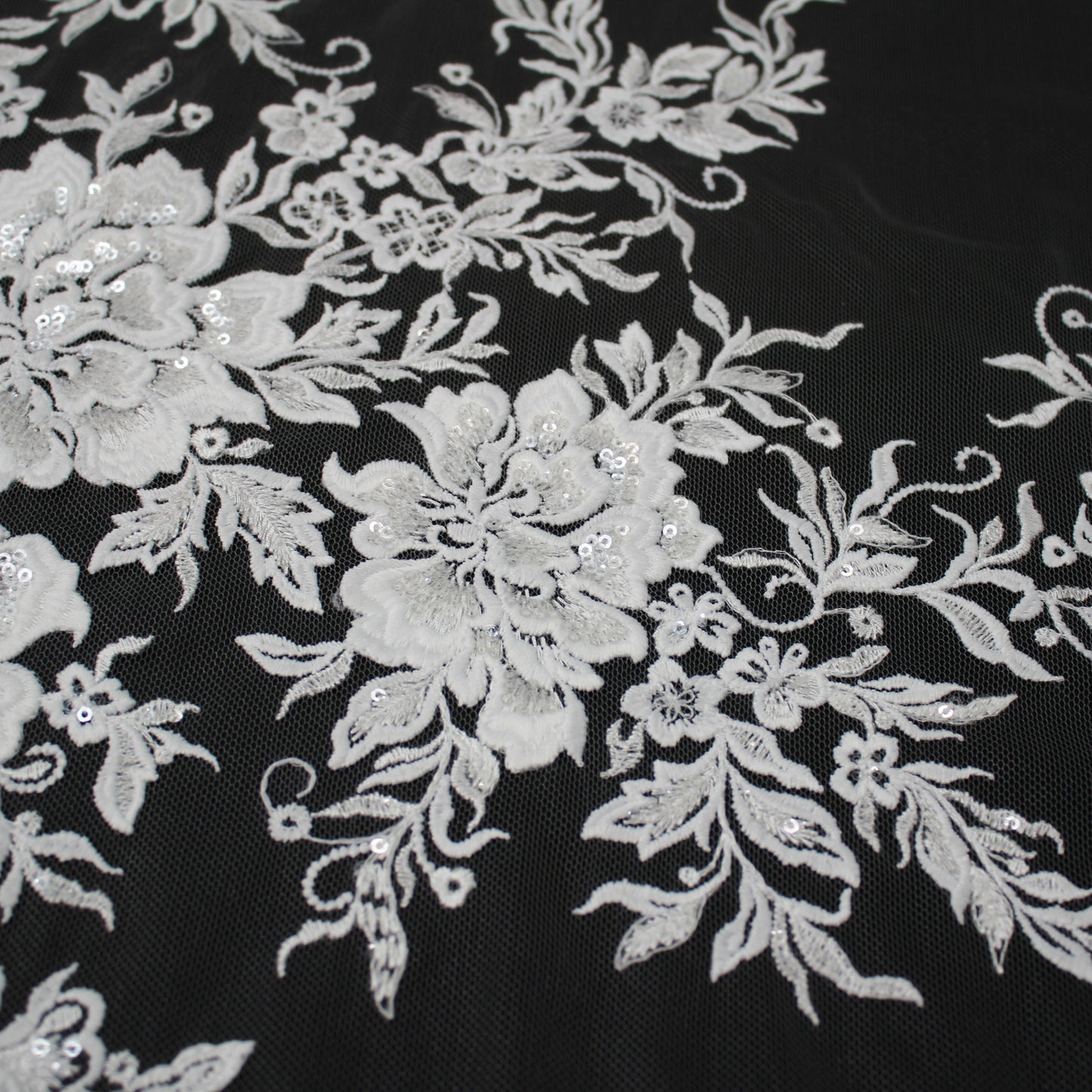 Haute Couture Tulle | Bridal Thread Embroidered Tulle with Sequins & Floral Sprays | TRW3672