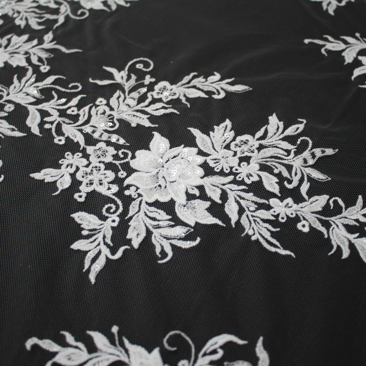 Haute Couture Tulle | Bridal Thread Embroidered Tulle with Sequins & Floral Sprays | TRW3672