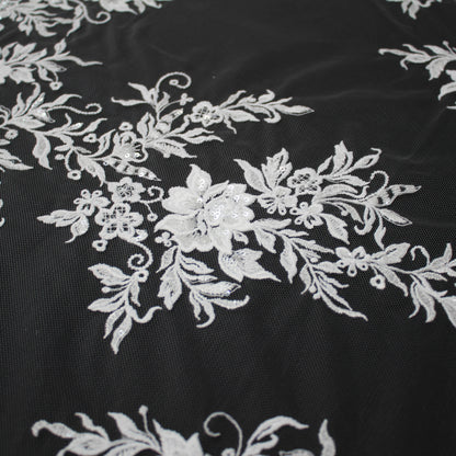 Haute Couture Tulle | Bridal Thread Embroidered Tulle with Sequins & Floral Sprays | TRW3672