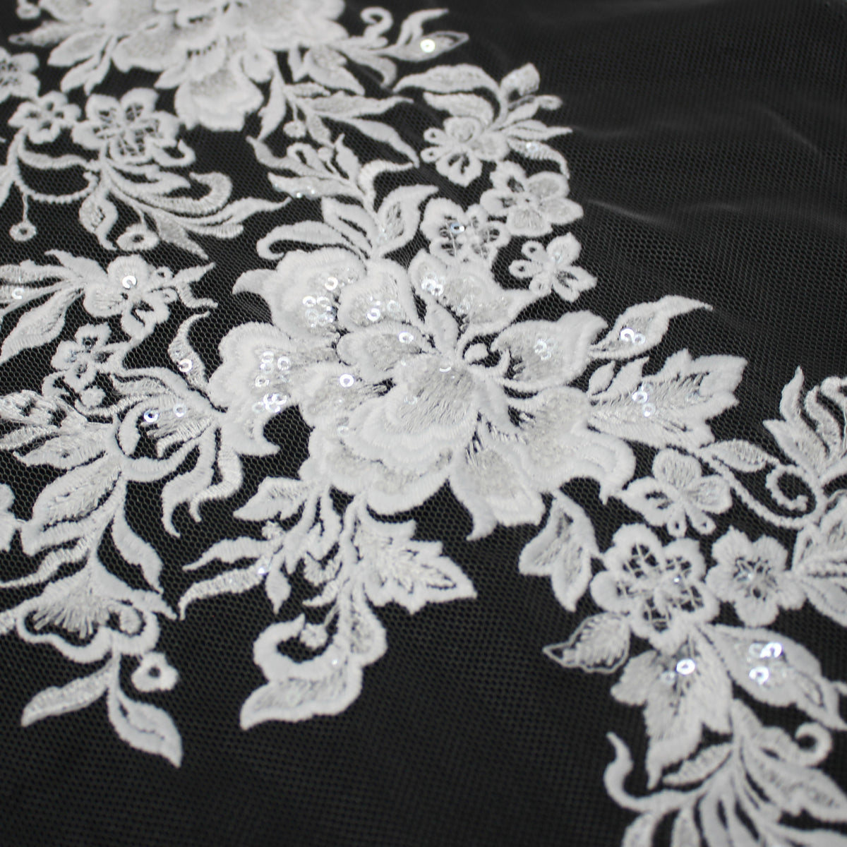 Haute Couture Tulle | Bridal Thread Embroidered Tulle with Sequins & Floral Sprays | TRW3672