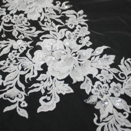 Haute Couture Tulle | Bridal Thread Embroidered Tulle with Sequins & Floral Sprays | TRW3672