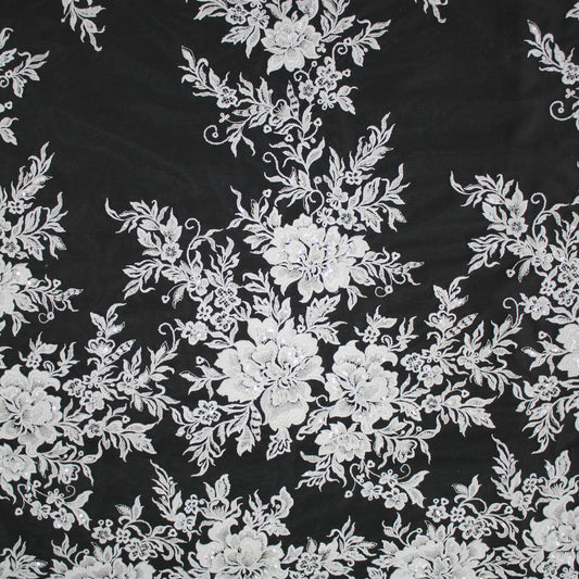 Tulle Alta Moda | Tulle Ricamato Sposa a Filo e Paillettes a Ramage Floreale | TRW3672
