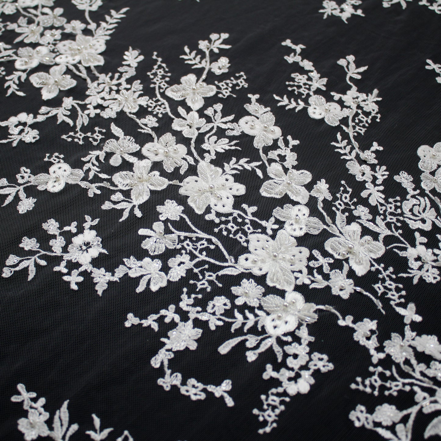Haute Couture Tulle | Bridal Thread Embroidered Tulle with Beads & Small Floral Sprays | TRW2512