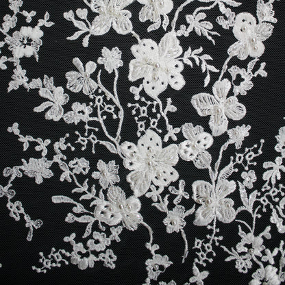 Haute Couture Tulle | Bridal Thread Embroidered Tulle with Beads & Small Floral Sprays | TRW2512