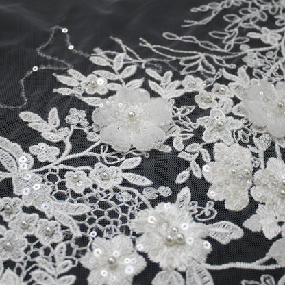 Haute Couture Tulle | Bridal Thread Embroidered Tulle with Beads, Sequins & 3D Floral Sprays | TRW3365