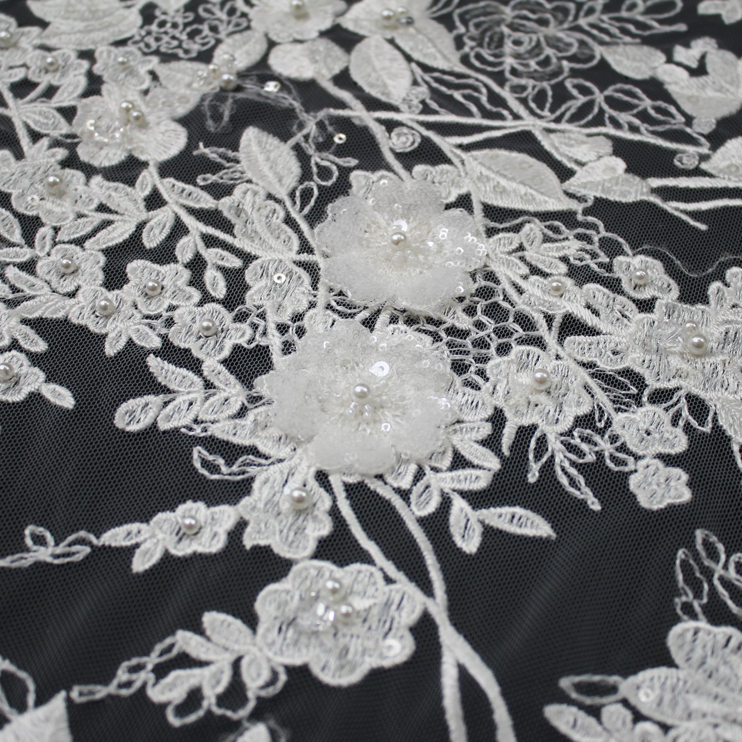 Haute Couture Tulle | Bridal Thread Embroidered Tulle with Beads, Sequins & 3D Floral Sprays | TRW3365