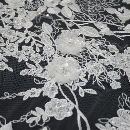 Haute Couture Tulle | Bridal Thread Embroidered Tulle with Beads, Sequins & 3D Floral Sprays | TRW3365