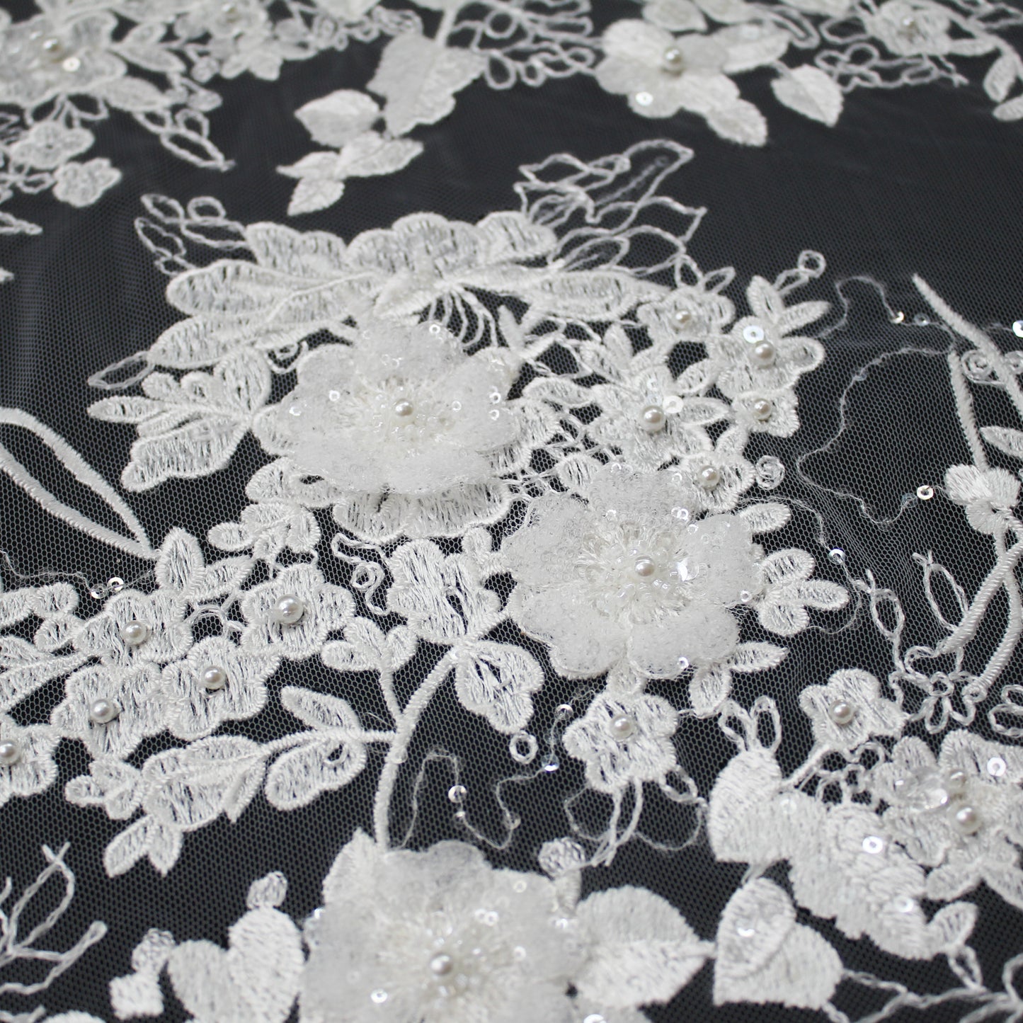 Haute Couture Tulle | Bridal Thread Embroidered Tulle with Beads, Sequins & 3D Floral Sprays | TRW3365