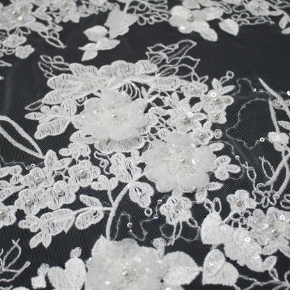 Haute Couture Tulle | Bridal Thread Embroidered Tulle with Beads, Sequins & 3D Floral Sprays | TRW3365