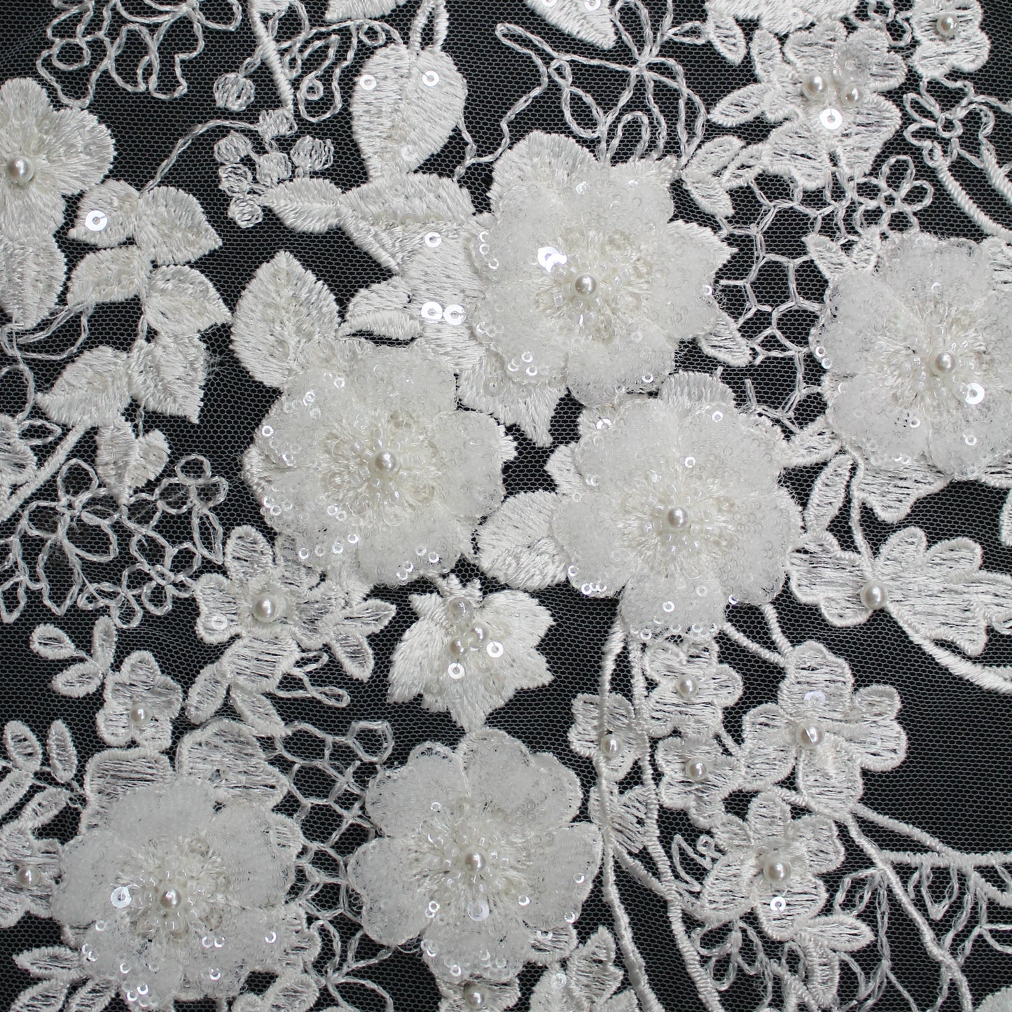 Haute Couture Tulle | Bridal Thread Embroidered Tulle with Beads, Sequins & 3D Floral Sprays | TRW3365