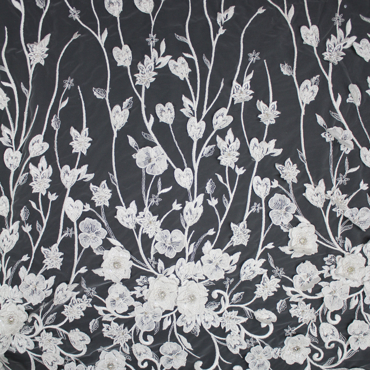 Haute Couture Tulle | Bridal Thread Embroidered Tulle with 3D Floral Sprays & Beads | TRW2637