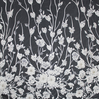 Haute Couture Tulle | Bridal Thread Embroidered Tulle with 3D Floral Sprays & Beads | TRW2637