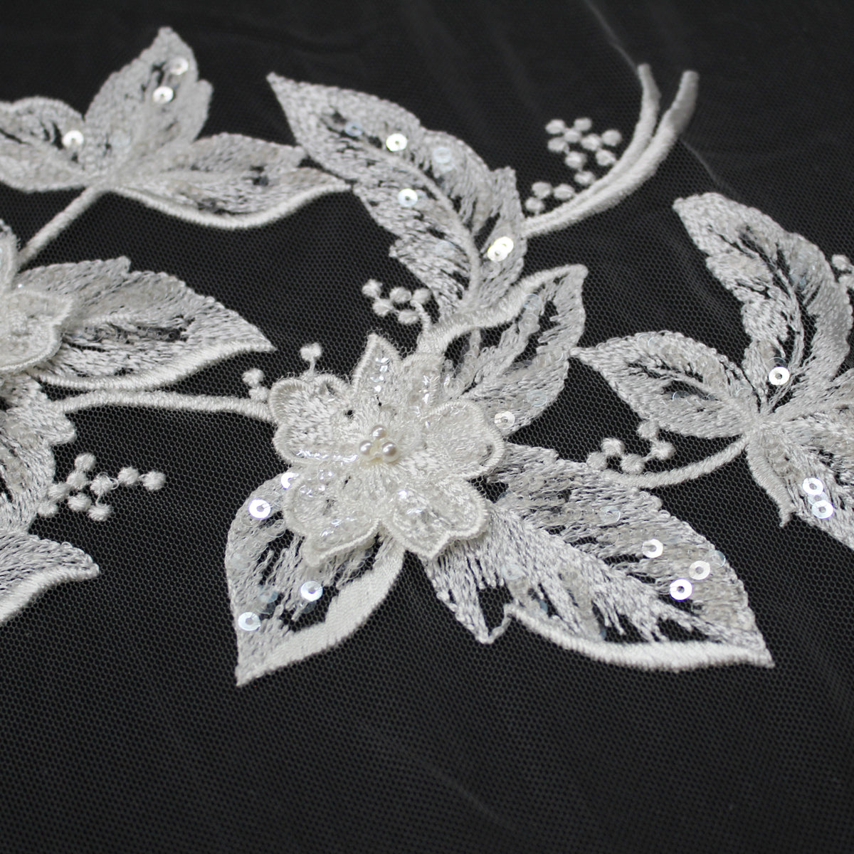 Haute Couture Tulle | Bridal Thread Embroidered Tulle with 3D Floral Sprays, Sequins & Pearls | TRW3743