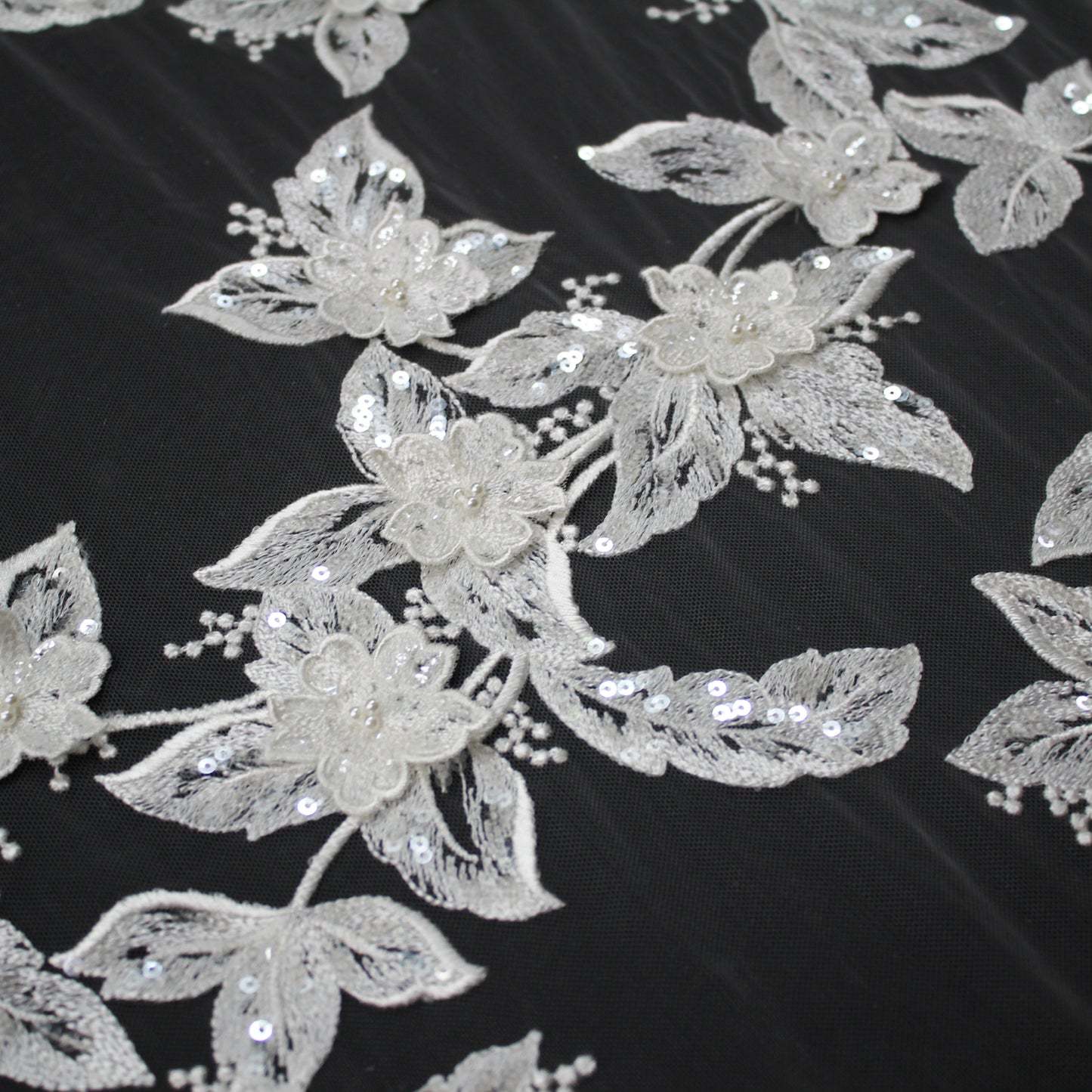Haute Couture Tulle | Bridal Thread Embroidered Tulle with 3D Floral Sprays, Sequins & Pearls | TRW3743