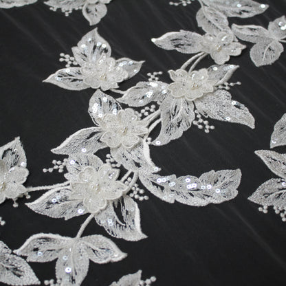 Haute Couture Tulle | Bridal Thread Embroidered Tulle with 3D Floral Sprays, Sequins & Pearls | TRW3743