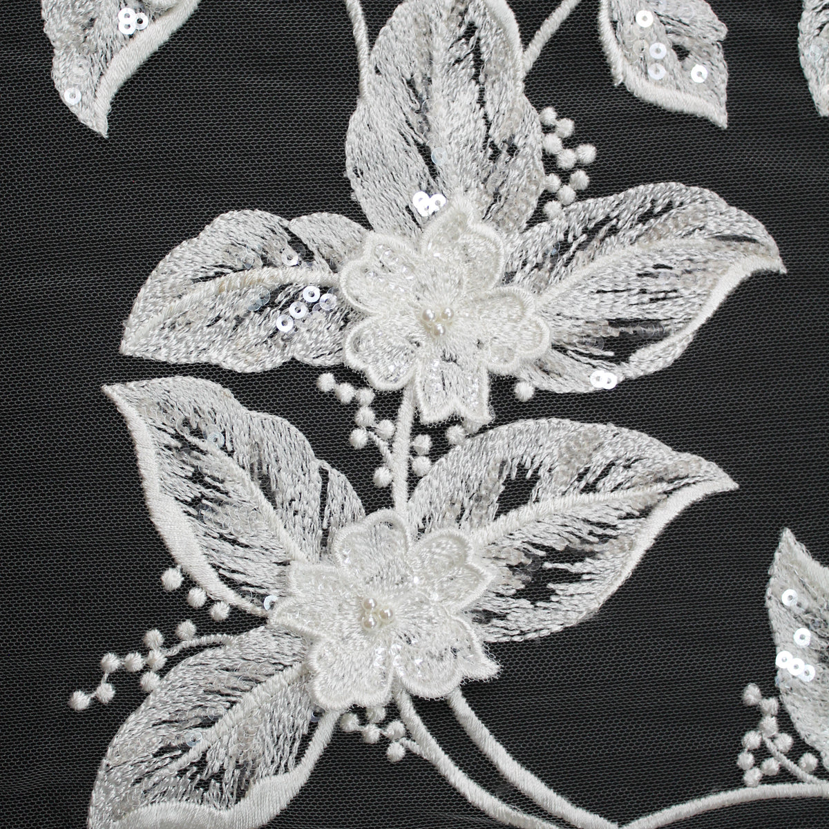 Haute Couture Tulle | Bridal Thread Embroidered Tulle with 3D Floral Sprays, Sequins & Pearls | TRW3743