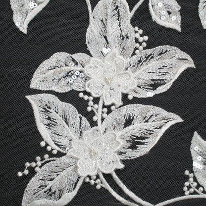 Haute Couture Tulle | Bridal Thread Embroidered Tulle with 3D Floral Sprays, Sequins & Pearls | TRW3743