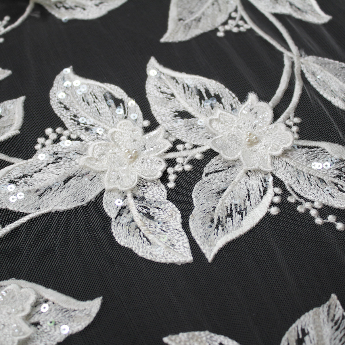 Haute Couture Tulle | Bridal Thread Embroidered Tulle with 3D Floral Sprays, Sequins & Pearls | TRW3743