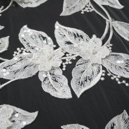 Haute Couture Tulle | Bridal Thread Embroidered Tulle with 3D Floral Sprays, Sequins & Pearls | TRW3743